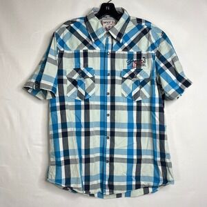 Motorsports Blue Plaid Button Up Mens 2XL Graphic Western Short Sleeve Shirt